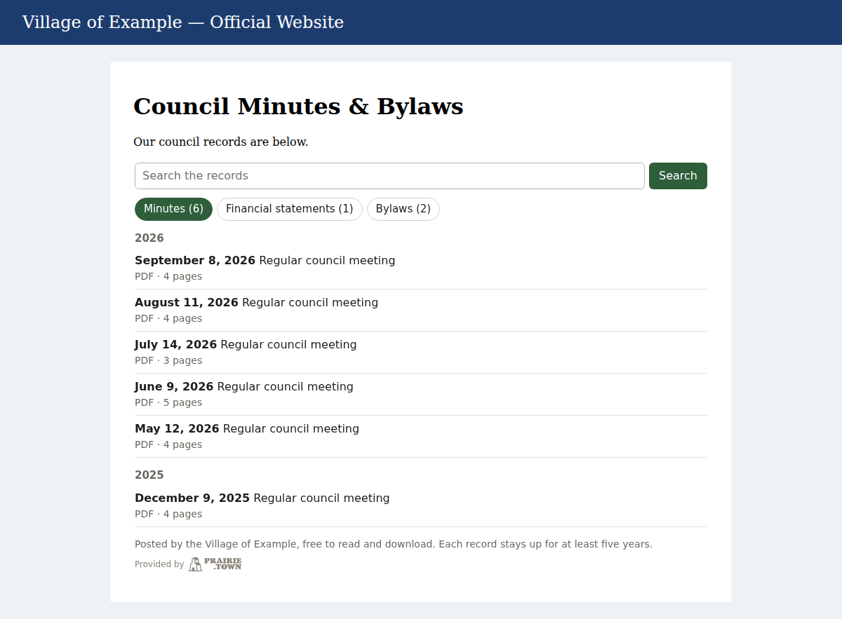 Council records sitting inside a village’s own website. The list, search and tabs come from Prairie Town; everything around them is the village’s site.